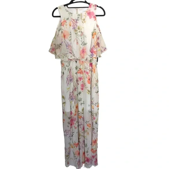 NEW Calvin Klein Cold Shoulder floral chiffon Maxi Dress with Self-sash Waist - Picture 7 of 12